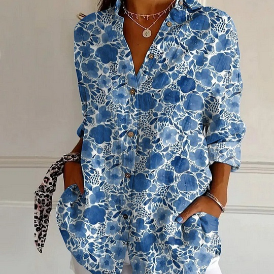 Women's Long-sleeved Button Shirt Solid Color Floral Button