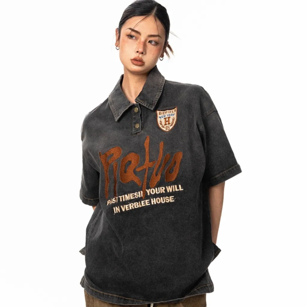 Embroidered Denim Short Sleeve Retro Neutral Loose - Black