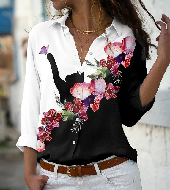 Digital Printing Women's Fashion Plus Size Lapel Long Sleeve Shirt - 4 Style