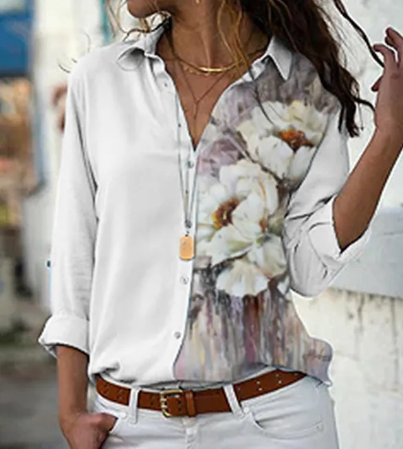 Digital Printing Women's Fashion Plus Size Lapel Long Sleeve Shirt - 2 Style-8Xl