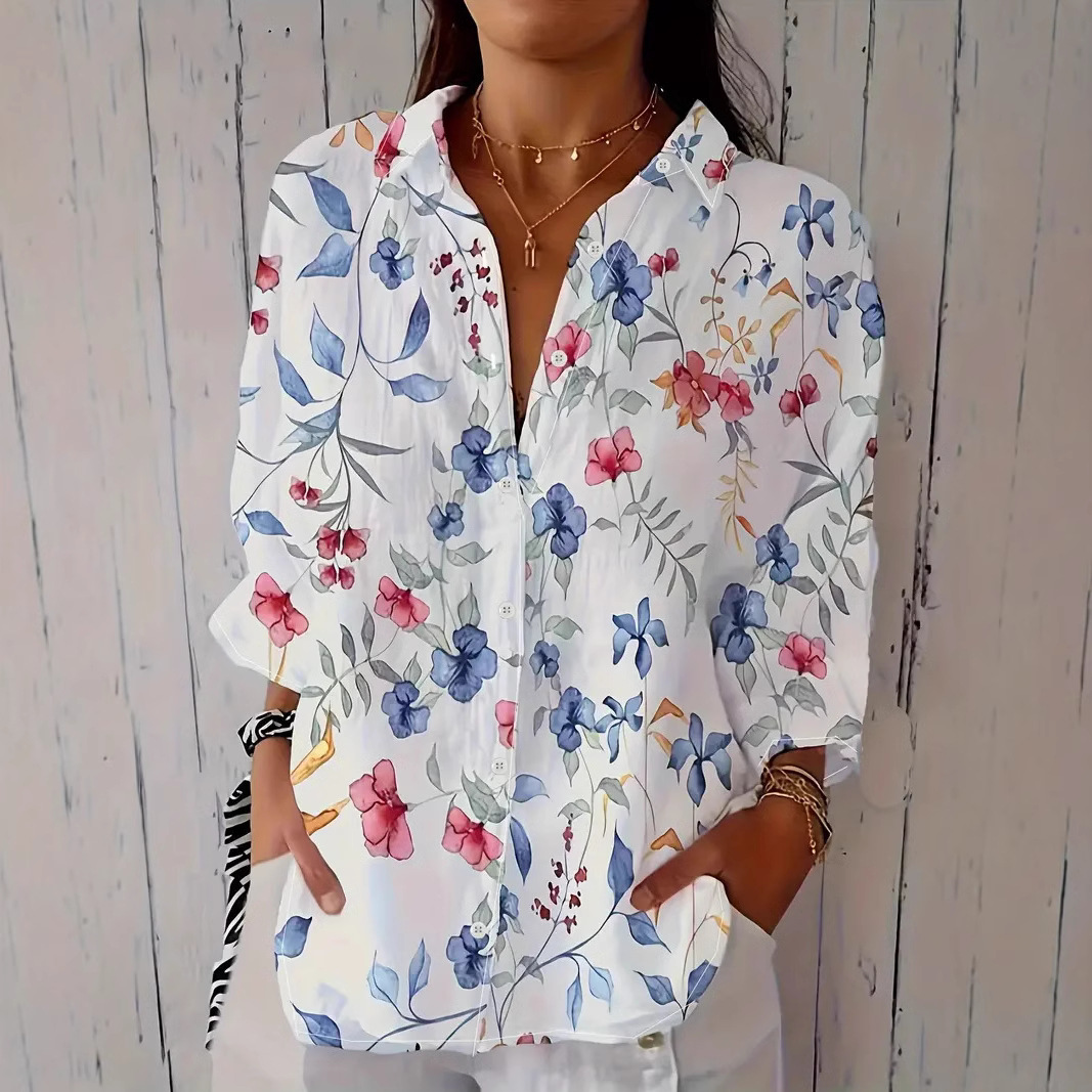 Digital Printing Women's Fashion Plus Size Lapel Long Sleeve Shirt