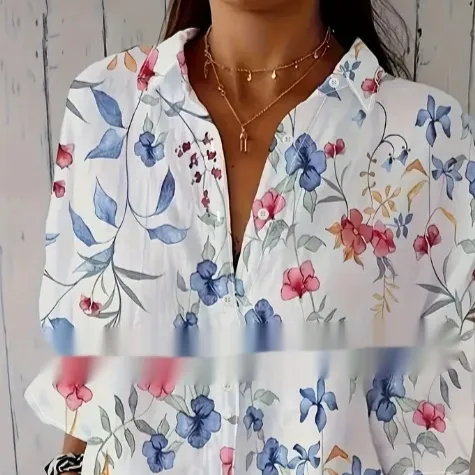 Digital Printing Women's Fashion Plus Size Lapel Long Sleeve Shirt - White