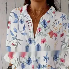 Digital Printing Women's Fashion Plus Size Lapel Long Sleeve Shirt - White - View 1