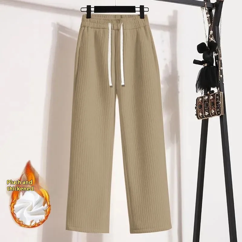 Fashionable High-looking Wide-leg Pants For Women - Coffee Color Plus Velvet