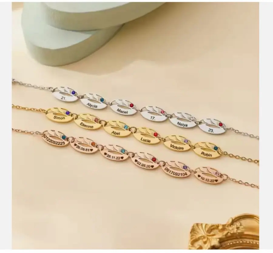 Stainless Steel Hollow Oval Leaf Engraved With Birthstone Bracelet