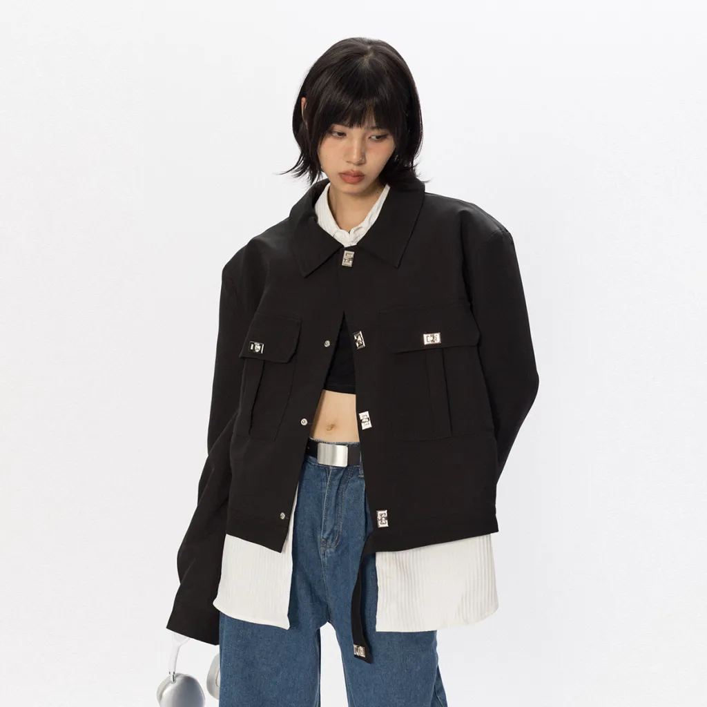 Niche Design Metal Decorative Short Jacket - Black