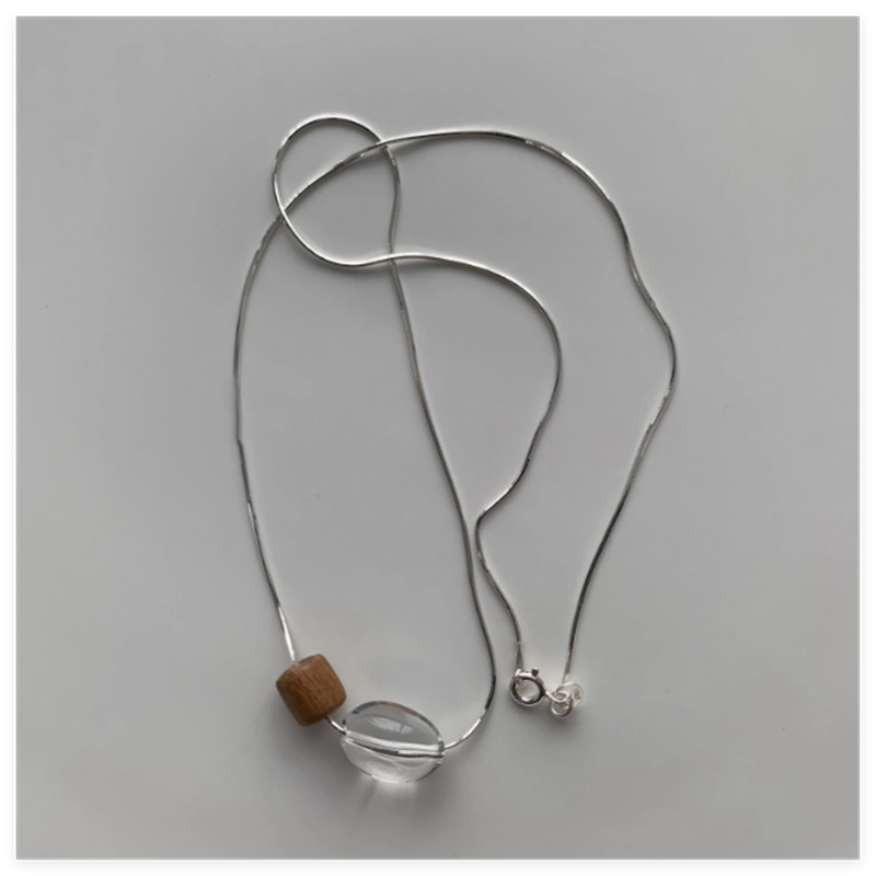925 Sterling Silver Natural Brazilian White Crystal Gold Wood Bead Necklace
