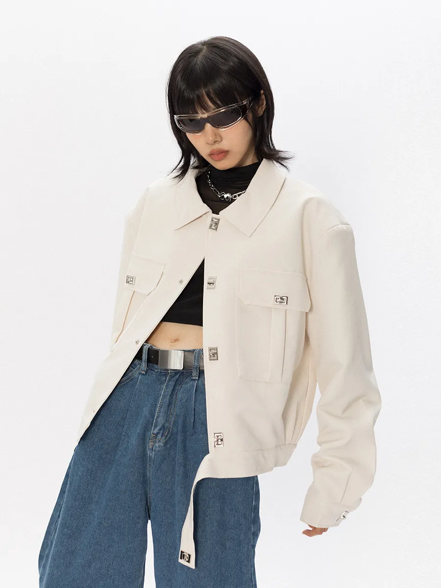 Niche Design Metal Decorative Short Jacket - Khaki