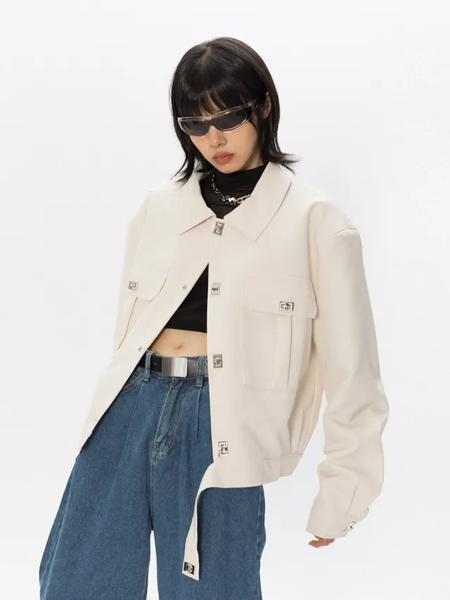 Niche Design Metal Decorative Short Jacket Khaki - Shop at LoveMi