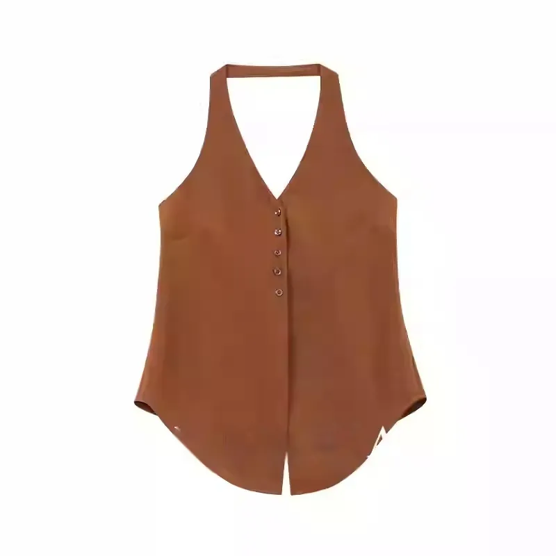 Brown Retro Spaghetti Straps Vest Double Breasted Suit Coat Set - Vest Caramel