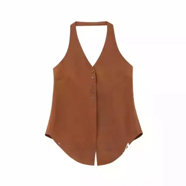 Brown Retro Spaghetti Straps Vest Double Breasted Suit Coat Set Vest Caramel - Shop at LoveMi