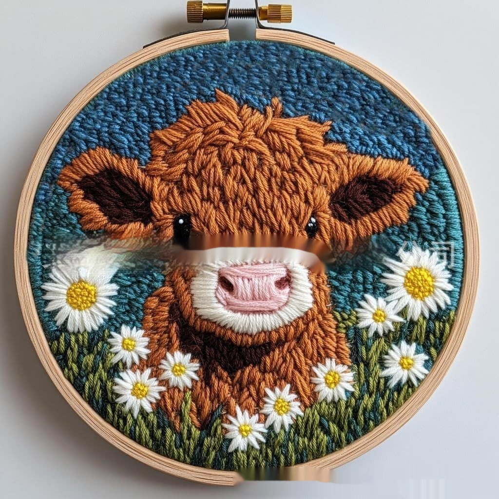 Cute Cartoon Highland Cow And Daisy Embroidery Pin Punch Start Craft Suit — image 1