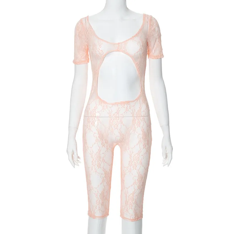 Women's Sexy Lace Stitching U-neck Short-sleeved Cropped Hollow Siamese Shorts - Orange Pink