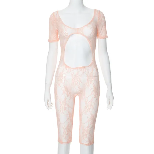 Women's Sexy Lace Stitching U neck Short sleeved Cropped Hollow Siamese Shorts Orange Pink - Shop at LoveMi