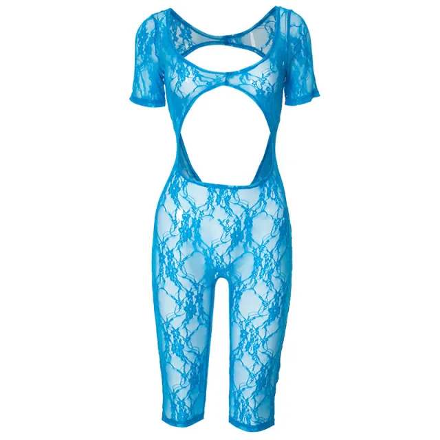 Women's Sexy Lace Stitching U neck Short sleeved Cropped Hollow Siamese Shorts Blue - Shop at LoveMi