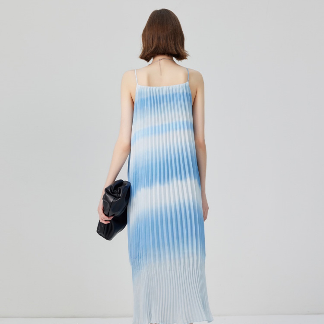 Women's Casual Gradient Tie Dye Pleated Mid Length Dress