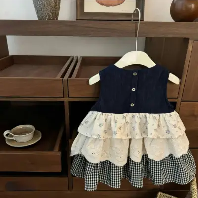 Sleeveless Vest Plaid Stitching Denim Skirt Bandage Dress Cake Dress