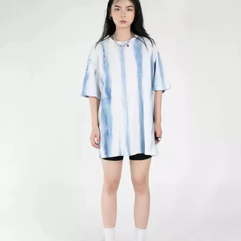 Handmade Tie-dyed T-shirt Round Neck Loose Straight Blooming Short Sleeve - Blue