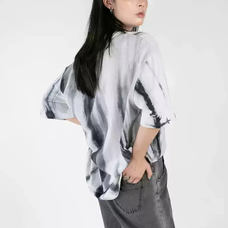 Handmade Tie-dyed T-shirt Round Neck Loose Straight Blooming Short Sleeve - Gray