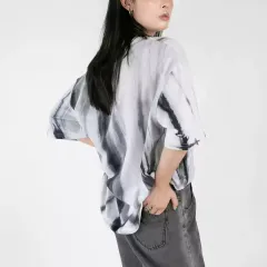 Handmade Tie-dyed T-shirt Round Neck Loose Straight Blooming Short Sleeve - Gray - View 1