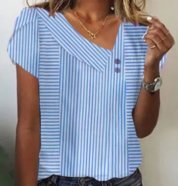 Women's Top Button V neck T shirt Light Blue - Shop at LoveMi
