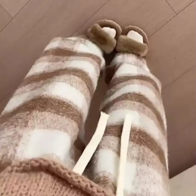 Woolen Striped Wide-leg Pants Thickened Plush Retro