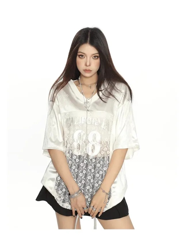 American Retro Lace Stitching Letter Embroidery Short Sleeve T shirt White - Shop at LoveMi