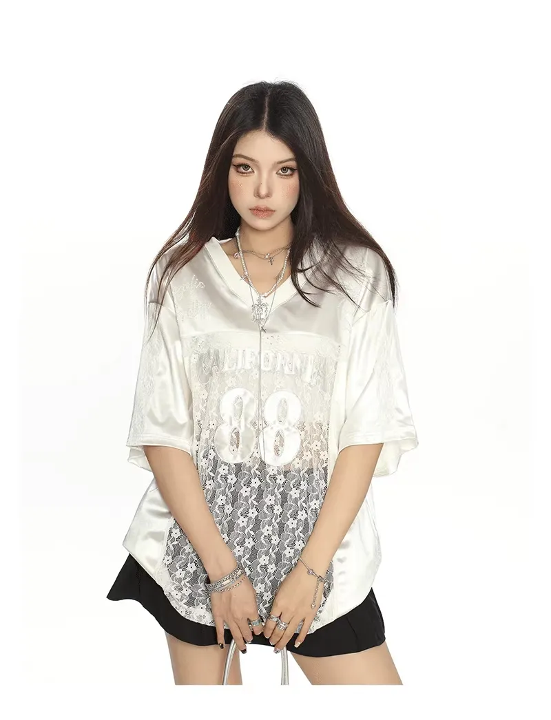 American Retro Lace Stitching Letter Embroidery Short Sleeve T-shirt - White
