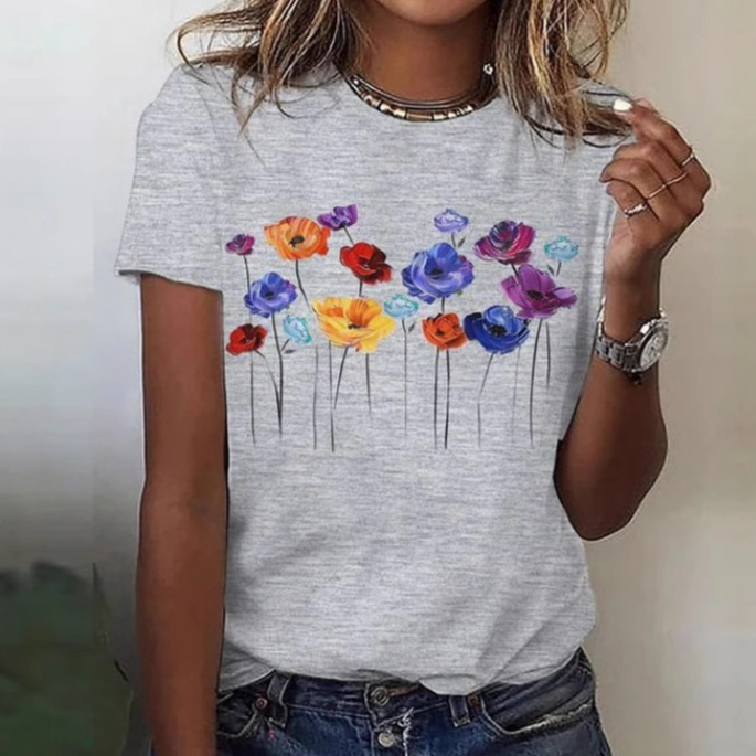 Women's Street Cool Colorful Bouquet Round Neck Loose Short Sleeves T-shirt