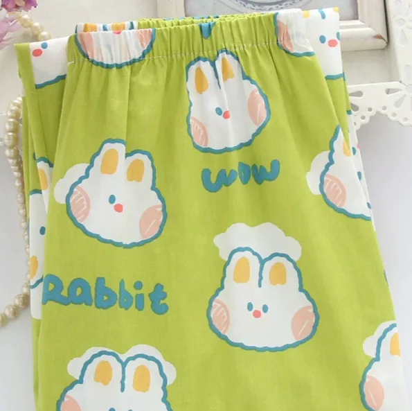 Pajama Pants Pure Cotton Cartoon Large Size Casual Simple Loose And Cute Home Pants Women Green Rabbit - Shop at LoveMi
