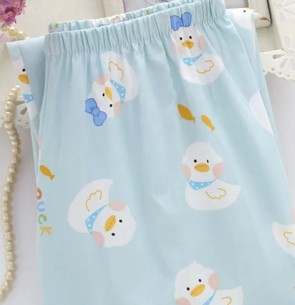 Pajama Pants Pure Cotton Cartoon Large Size Casual Simple Loose And Cute Home Pants Women Light Blue Duck - Shop at LoveMi