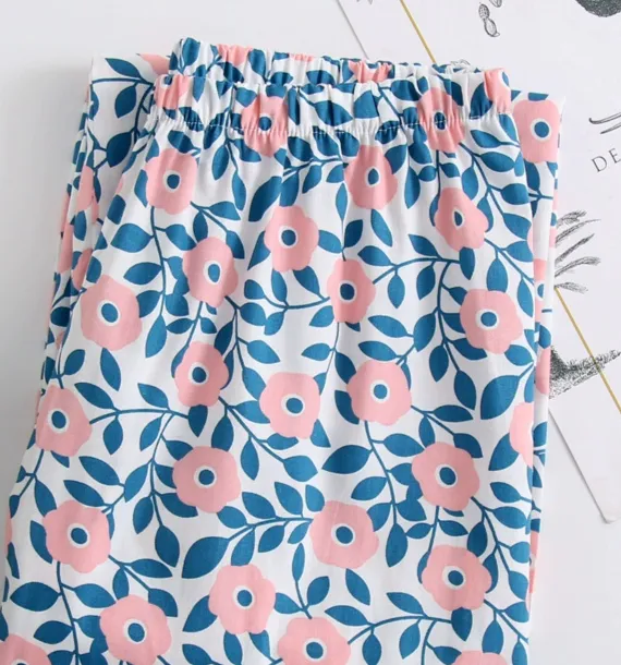Pajama Pants Pure Cotton Cartoon Large Size Casual Simple Loose And Cute Home Pants Women Green Light Pink Flowers - Shop at LoveMi