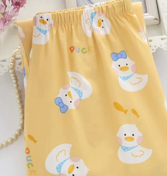 Pajama Pants Pure Cotton Cartoon Large Size Casual Simple Loose And Cute Home Pants Women Light Yellow Duck - Shop at LoveMi