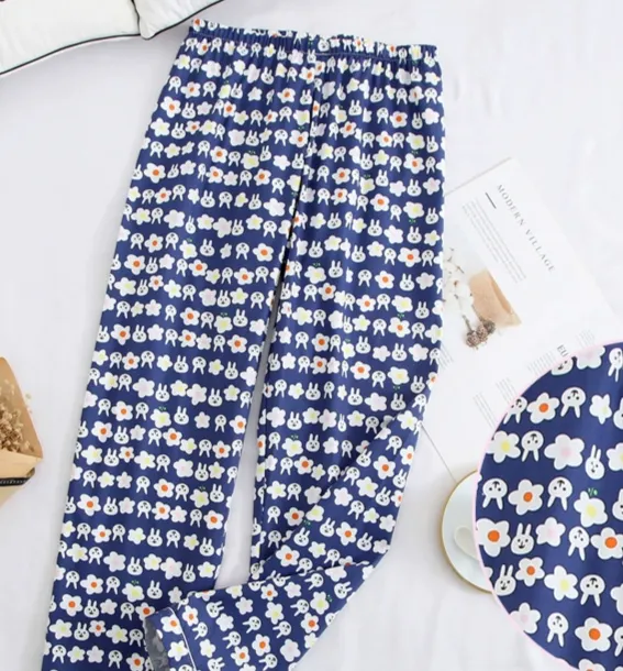 Pajama Pants Pure Cotton Cartoon Large Size Casual Simple Loose And Cute Home Pants Women Blue Background Flower Bunny - Shop at LoveMi