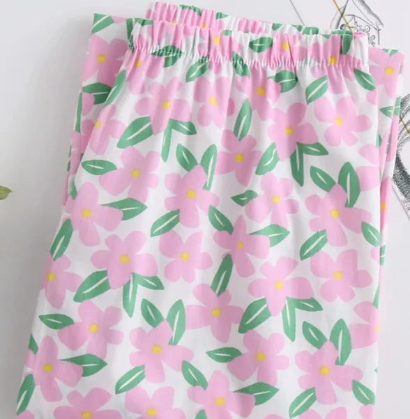 Pajama Pants Pure Cotton Cartoon Large Size Casual Simple Loose And Cute Home Pants Women - Elegant Green Leaf Pink Floral