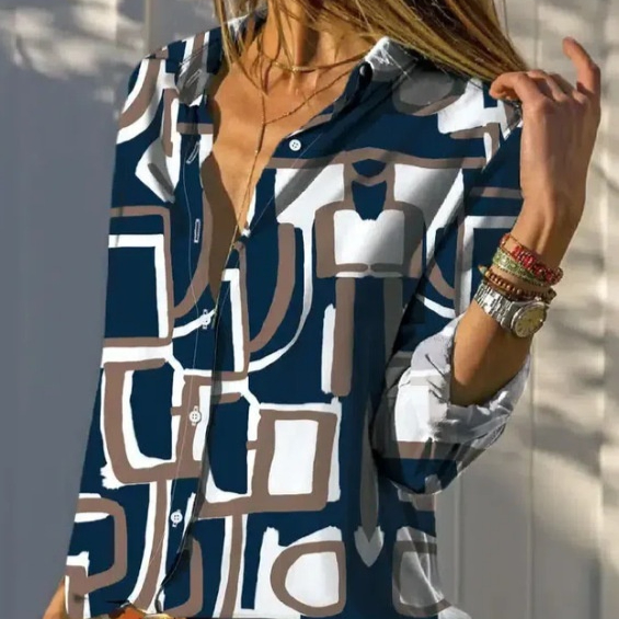 Women's 3D Printed Fashionable Long-sleeved Lapel Shirt