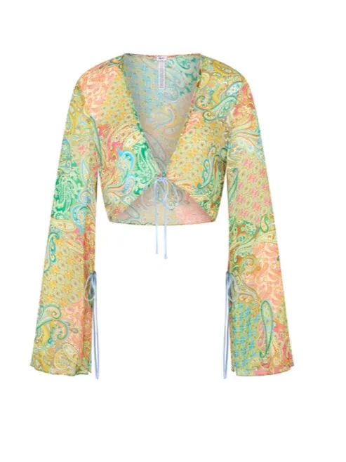 Halterneck Printed Lace-up Split Swimsuit - Long Sleeved Shirt-Xl