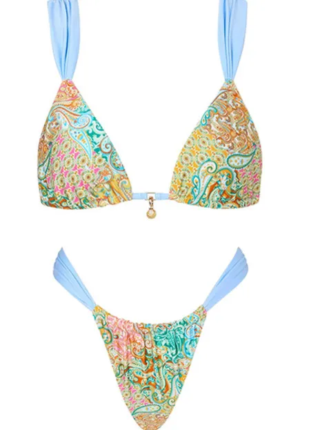 Halterneck Printed Lace up Split Swimsuit Blue - Shop at LoveMi