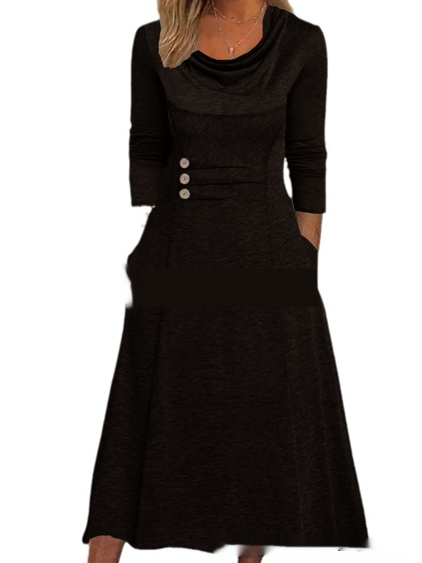 European And American Women's Clothing Pocket Solid Color Dress