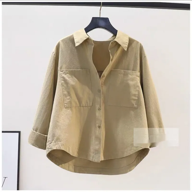 Women's Blue Double-pocket Brushed Cotton Shirt - Khaki