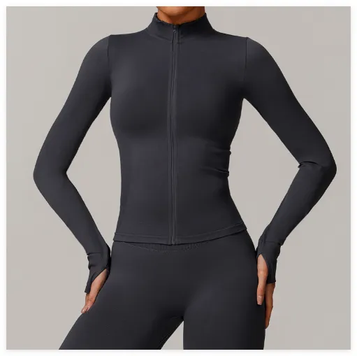 Stand Collar Zipper Yoga Clothes Warm Top Sports Running Jacket - Dark Grey