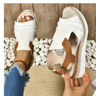 Fish Mouth Wedges Sandals With Straw Design Summer Peep Toe Buckle Beach Shoes For Women - White