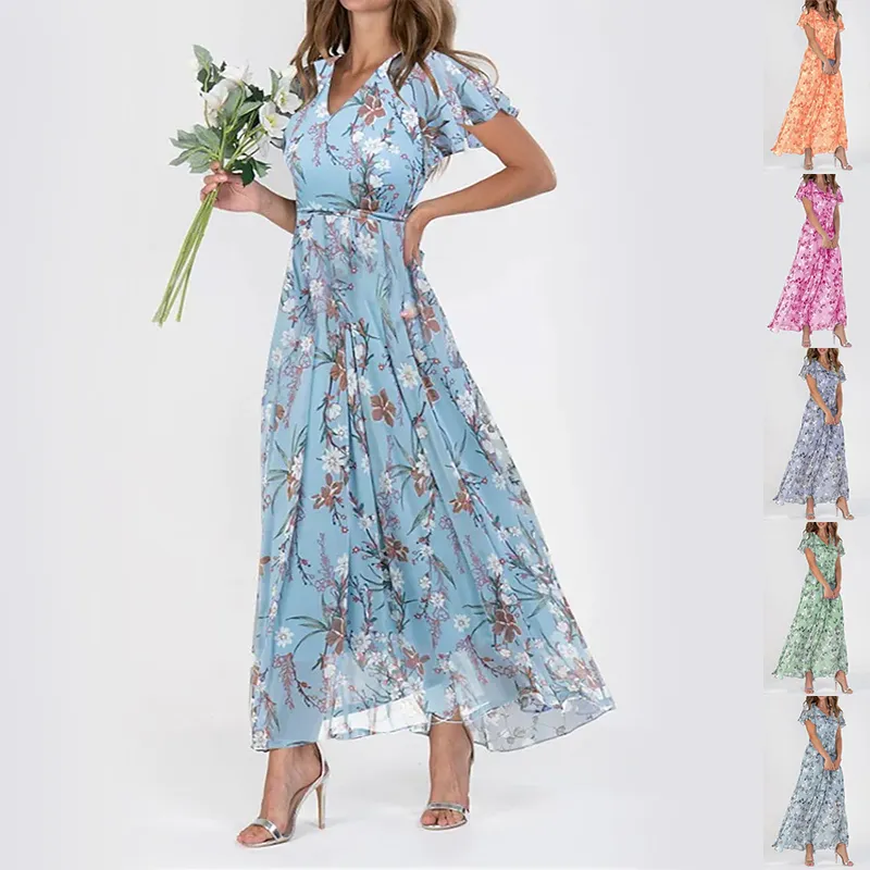 Flowers Print Short Sleeve Dress Summer Fashion Ruffle Beach Dresses Women's Clothing