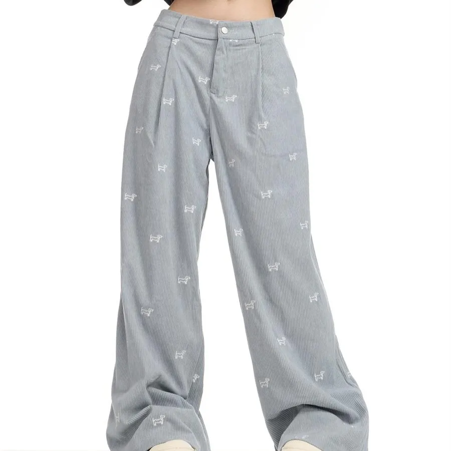 American Retro Puppy Full Printed Embroidery Corduroy Pants Women's Loose Casual Straight-leg - Blue