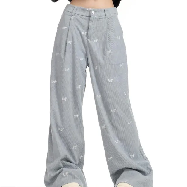American Retro Puppy Full Printed Embroidery Corduroy Pants Women's Loose Casual Straight leg Blue - Shop at LoveMi