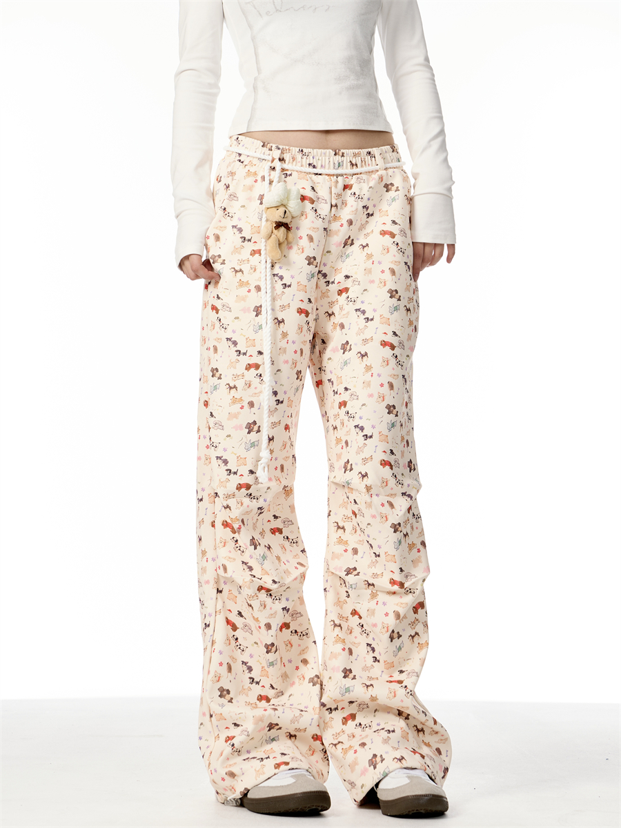 American Hand Drawn Puppy Full Printed Casual Pants Cute Doll Drooping Wide-leg Pants Female