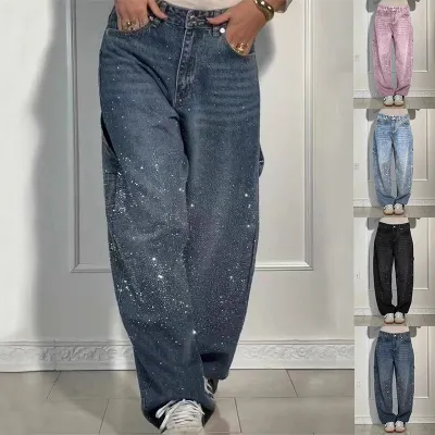 Ins Shiny Straight Jeans With Pockets Fashion Loose Wide-leg Pants For Women Street-style Trousers