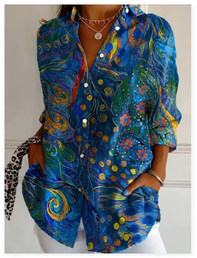 3D Color Matching Printing Pattern Autumn Leisure Loose Shirt Button Top 17D838 M - Shop at LoveMi