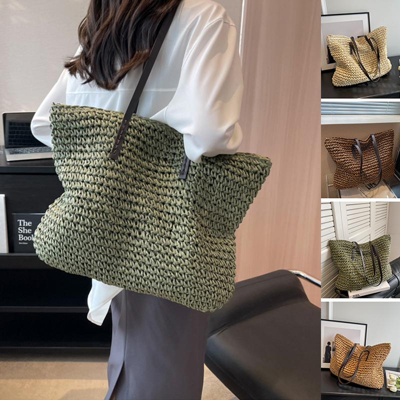 Summer Woven Shoulder Bag Ins Fashion Large Capacity Handbags With Zipper Women's Beach Bags - CJdropshipping