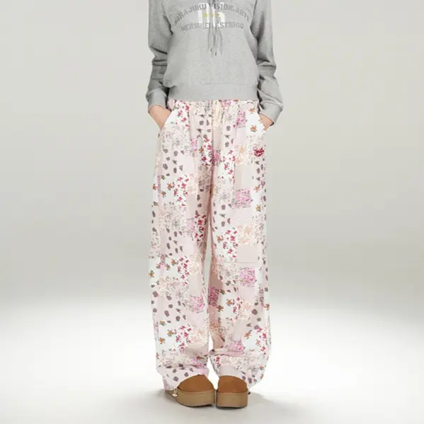 American Retro Hot Girl Floral Plaid Casual Trousers